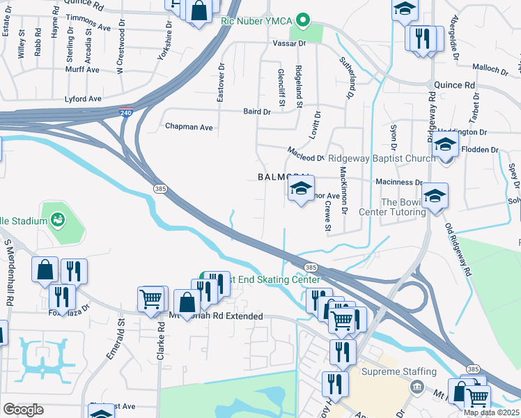 map of restaurants, bars, coffee shops, grocery stores, and more near 2551 Lynnfield Road in Memphis