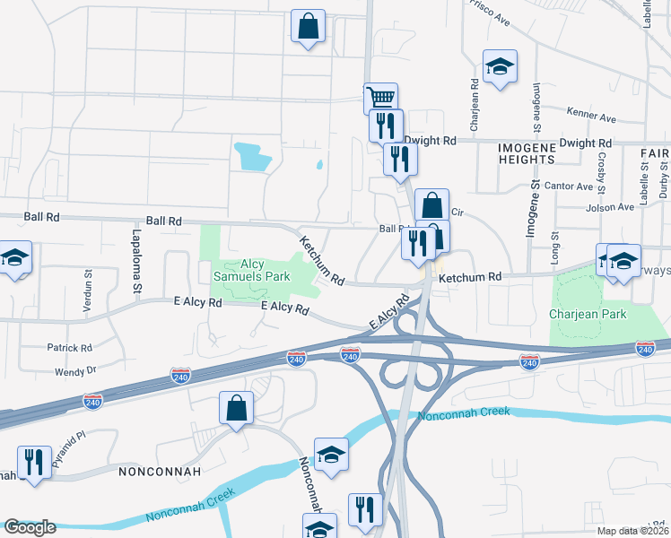 map of restaurants, bars, coffee shops, grocery stores, and more near 2201 Ketchum Road in Memphis