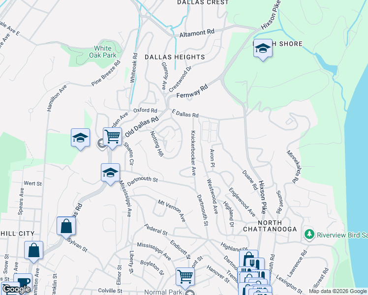 map of restaurants, bars, coffee shops, grocery stores, and more near 1808 Knickerbocker Avenue in Chattanooga
