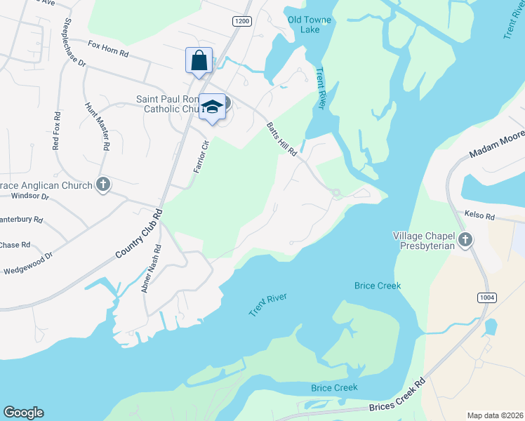 map of restaurants, bars, coffee shops, grocery stores, and more near 113-115 Allen Drive in New Bern