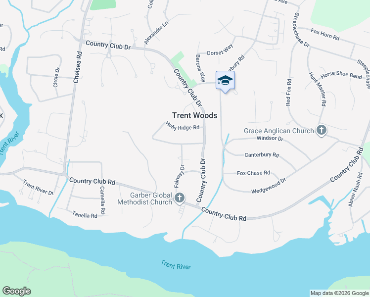 map of restaurants, bars, coffee shops, grocery stores, and more near 305 Country Club Drive in Trent Woods