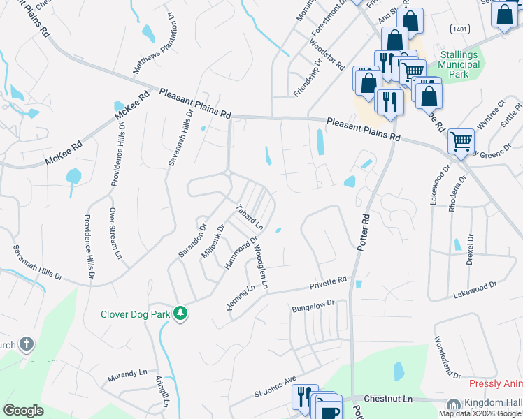 map of restaurants, bars, coffee shops, grocery stores, and more near 1150 Hammond Drive in Stallings