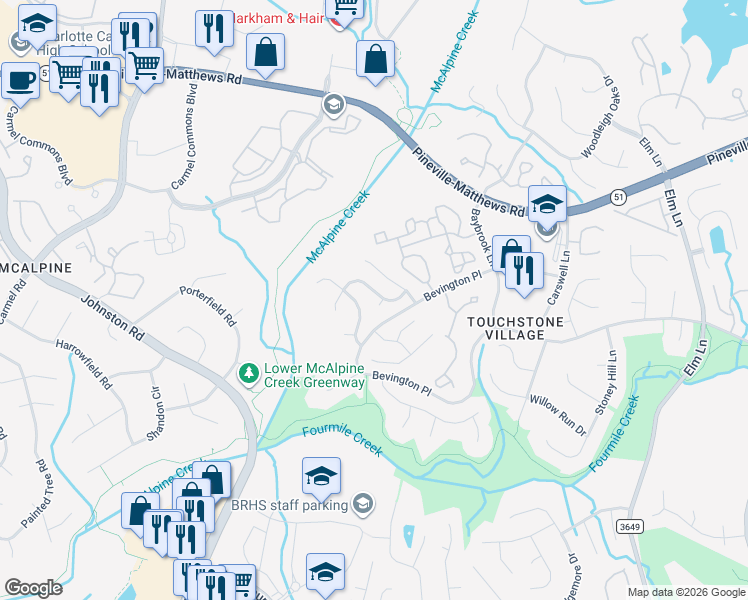 map of restaurants, bars, coffee shops, grocery stores, and more near 9203 Brechin Drive in Charlotte