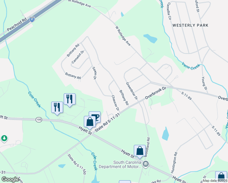 map of restaurants, bars, coffee shops, grocery stores, and more near 114 Chaucer Drive in Gaffney
