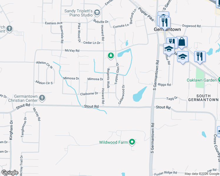 map of restaurants, bars, coffee shops, grocery stores, and more near 2564 Regents Walk in Germantown