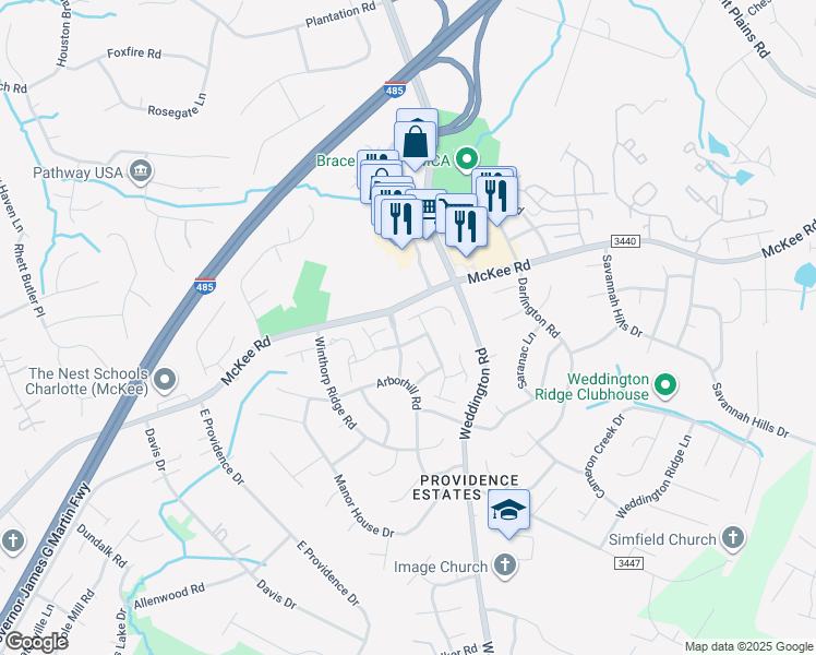 map of restaurants, bars, coffee shops, grocery stores, and more near 3408 Laurenhurst Lane in Charlotte