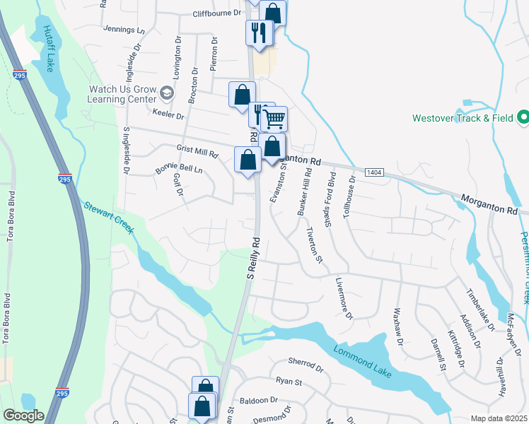 map of restaurants, bars, coffee shops, grocery stores, and more near 7205 Evanston Street in Fayetteville