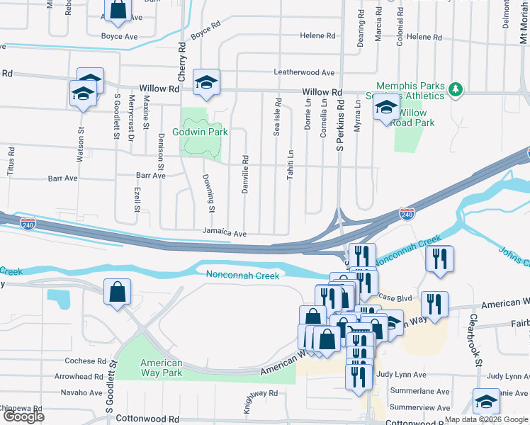 map of restaurants, bars, coffee shops, grocery stores, and more near 1931 Sea Isle Road in Memphis