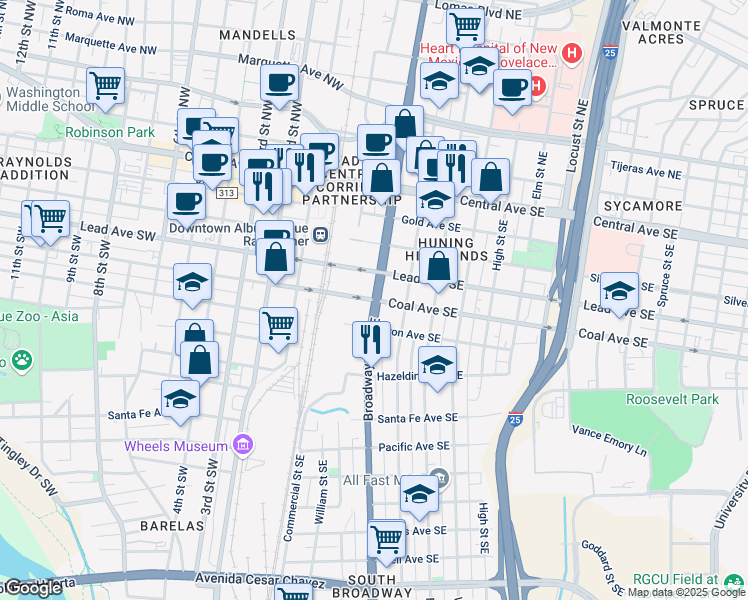 map of restaurants, bars, coffee shops, grocery stores, and more near Broadway Blvd SE & Coal Ave SE in Albuquerque