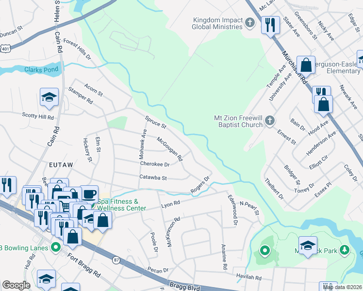 map of restaurants, bars, coffee shops, grocery stores, and more near 1701 Cherokee Drive in Fayetteville