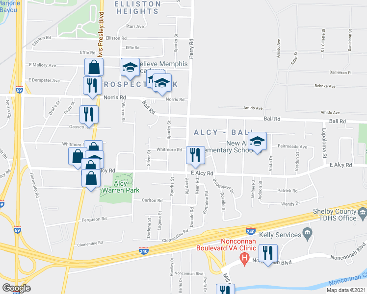 map of restaurants, bars, coffee shops, grocery stores, and more near 2401 Perry Road in Memphis