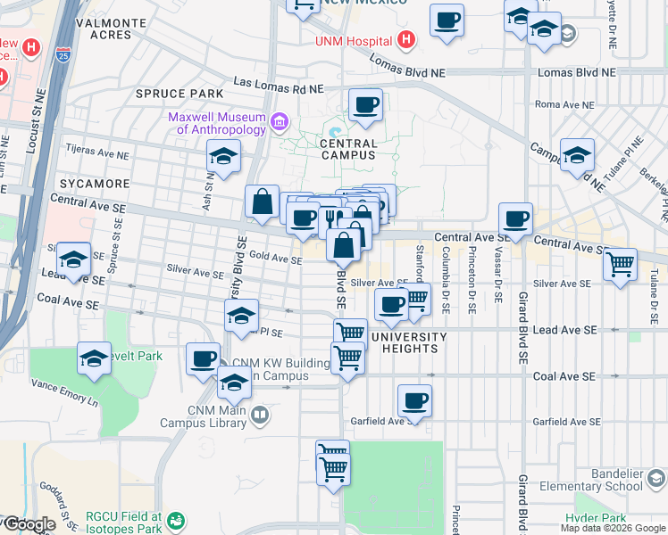 map of restaurants, bars, coffee shops, grocery stores, and more near 2120 Central Avenue Northeast in Albuquerque