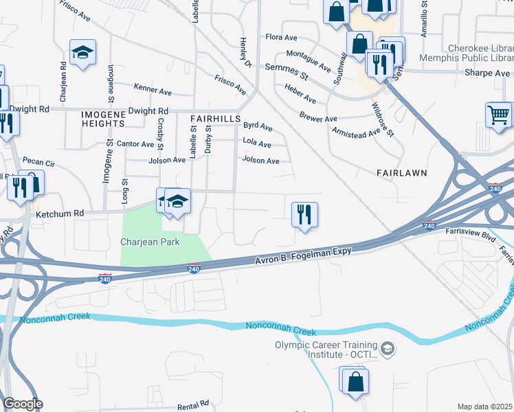 map of restaurants, bars, coffee shops, grocery stores, and more near 2743 Ketchum Road in Memphis