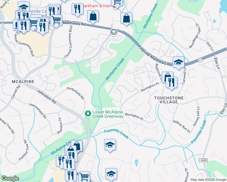 map of restaurants, bars, coffee shops, grocery stores, and more near 7019 Bevington Woods Lane in Charlotte