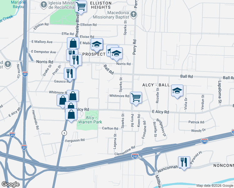 map of restaurants, bars, coffee shops, grocery stores, and more near 1494 Gausco Road in Memphis