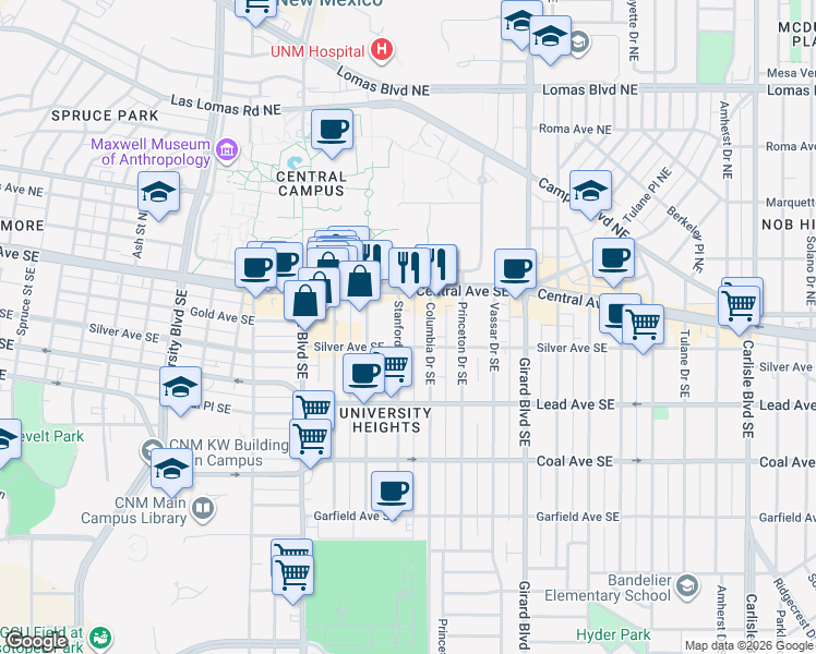 map of restaurants, bars, coffee shops, grocery stores, and more near 107 Stanford Drive Southeast in Albuquerque
