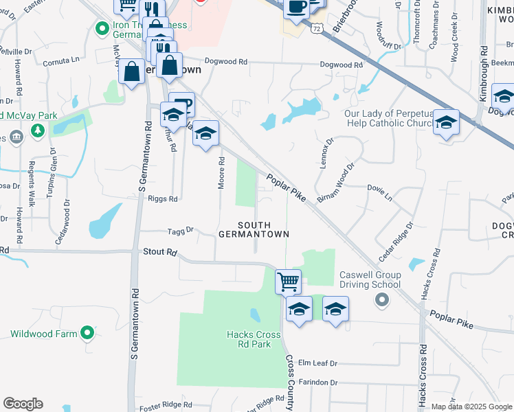 map of restaurants, bars, coffee shops, grocery stores, and more near Melanie Smith Lane in Germantown
