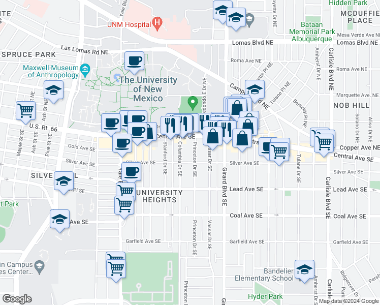 map of restaurants, bars, coffee shops, grocery stores, and more near 108 Princeton Drive Southeast in Albuquerque