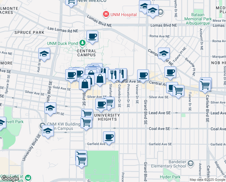 map of restaurants, bars, coffee shops, grocery stores, and more near 107 Stanford Drive Southeast in Albuquerque