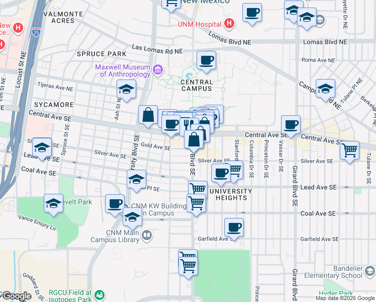 map of restaurants, bars, coffee shops, grocery stores, and more near 2120 Central Avenue Northeast in Albuquerque