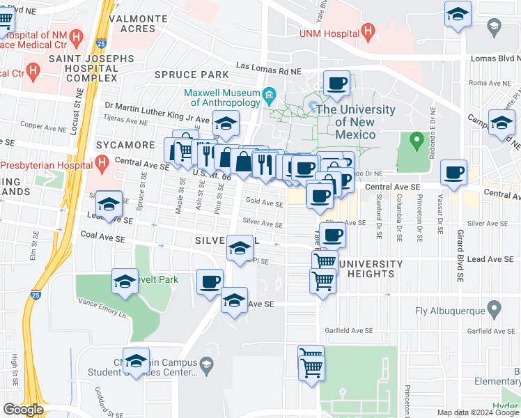 map of restaurants, bars, coffee shops, grocery stores, and more near 1817 Gold Avenue Southeast in Albuquerque