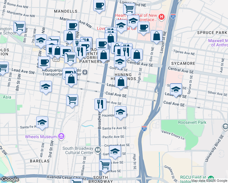 map of restaurants, bars, coffee shops, grocery stores, and more near in Albuquerque