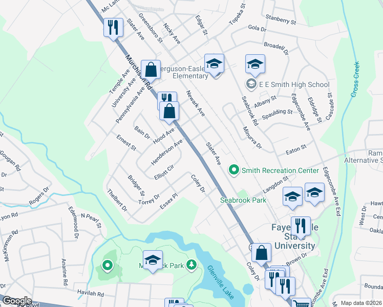 map of restaurants, bars, coffee shops, grocery stores, and more near 1801 Murchison Road in Fayetteville