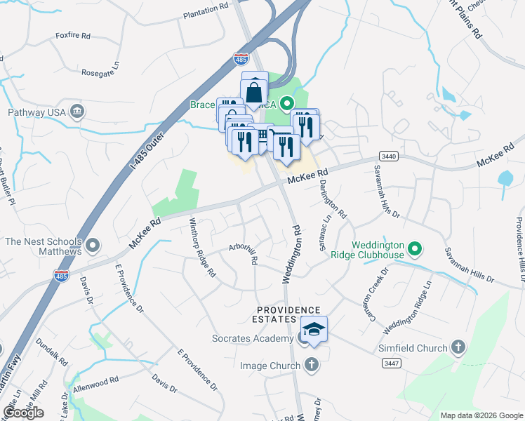 map of restaurants, bars, coffee shops, grocery stores, and more near 3437 Laurenhurst Lane in Charlotte