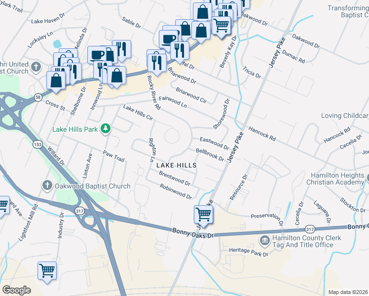 map of restaurants, bars, coffee shops, grocery stores, and more near 4730 Rocky River Road in Chattanooga