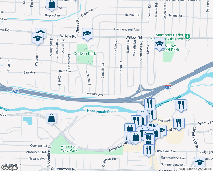 map of restaurants, bars, coffee shops, grocery stores, and more near 1879 Danville Road in Memphis