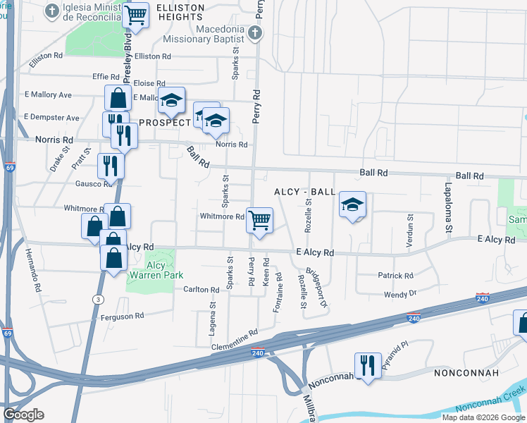 map of restaurants, bars, coffee shops, grocery stores, and more near 2376 Perry Road in Memphis