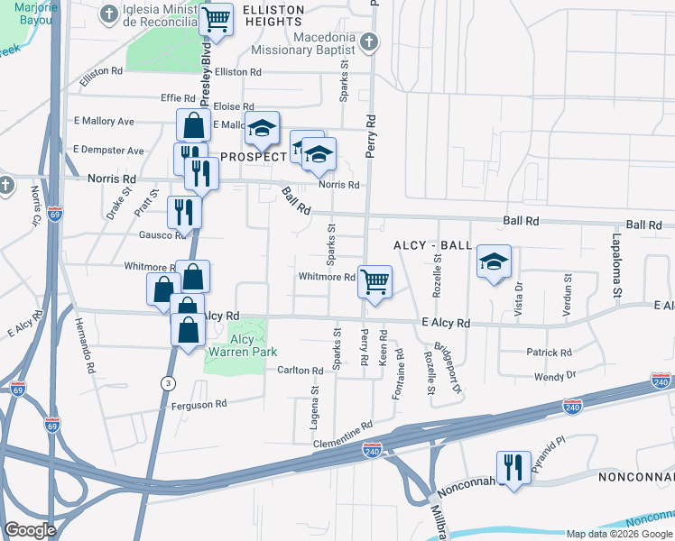 map of restaurants, bars, coffee shops, grocery stores, and more near 1532 Gausco Road in Memphis