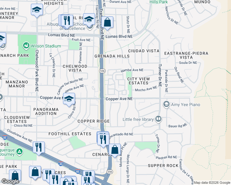 map of restaurants, bars, coffee shops, grocery stores, and more near 13824 Brush Place Northeast in Albuquerque
