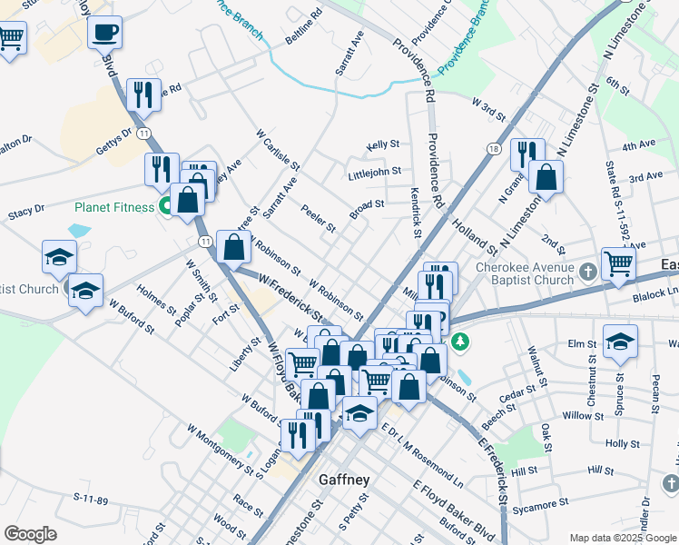 map of restaurants, bars, coffee shops, grocery stores, and more near 422 Mills Street in Gaffney