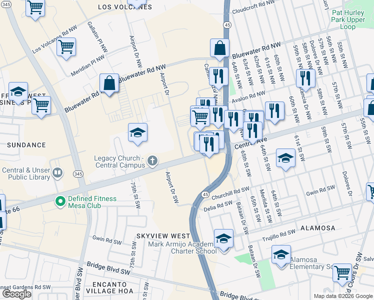 map of restaurants, bars, coffee shops, grocery stores, and more near 6921 Central Avenue Northwest in Albuquerque