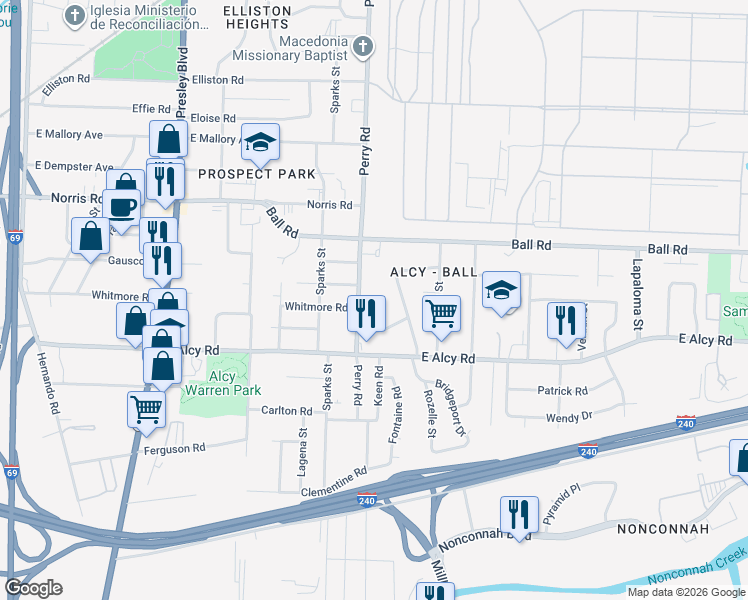 map of restaurants, bars, coffee shops, grocery stores, and more near 2376 Perry Road in Memphis