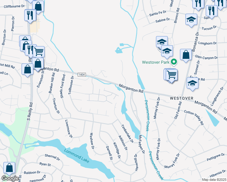 map of restaurants, bars, coffee shops, grocery stores, and more near 3804 Morganton Road in Fayetteville