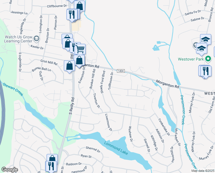 map of restaurants, bars, coffee shops, grocery stores, and more near 7241 Tollhouse Drive in Fayetteville