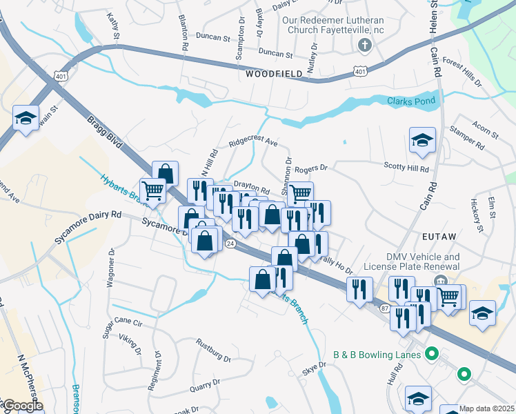 map of restaurants, bars, coffee shops, grocery stores, and more near 1944 King George Drive in Fayetteville