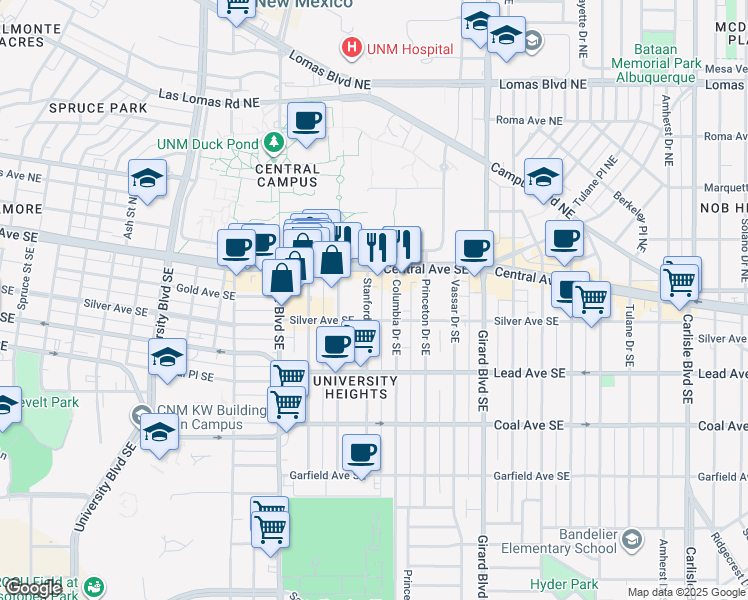map of restaurants, bars, coffee shops, grocery stores, and more near 107 Stanford Drive Southeast in Albuquerque