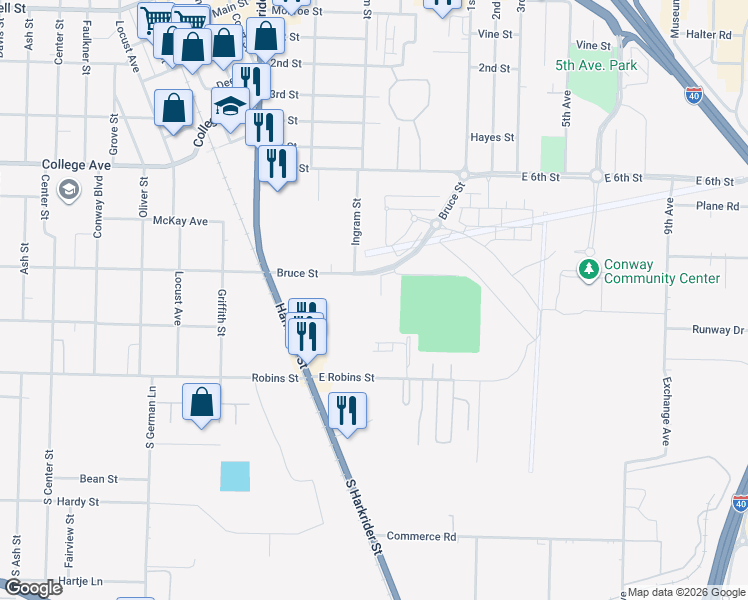 map of restaurants, bars, coffee shops, grocery stores, and more near 329 Bruce Street in Conway