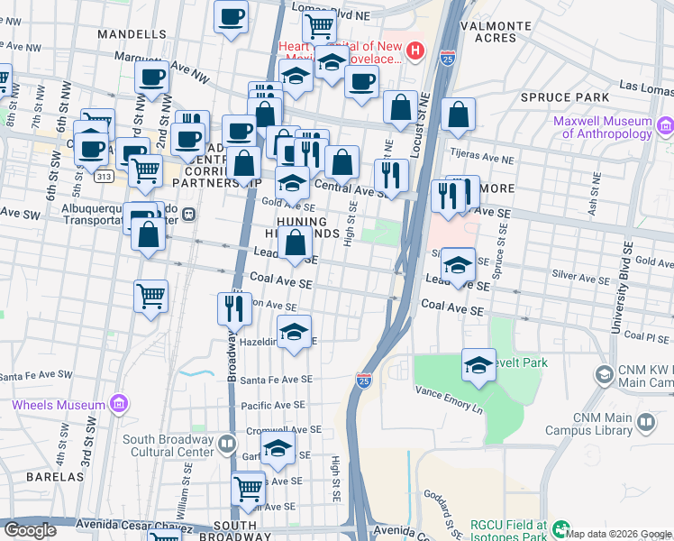 map of restaurants, bars, coffee shops, grocery stores, and more near 401 High Street Southeast in Albuquerque