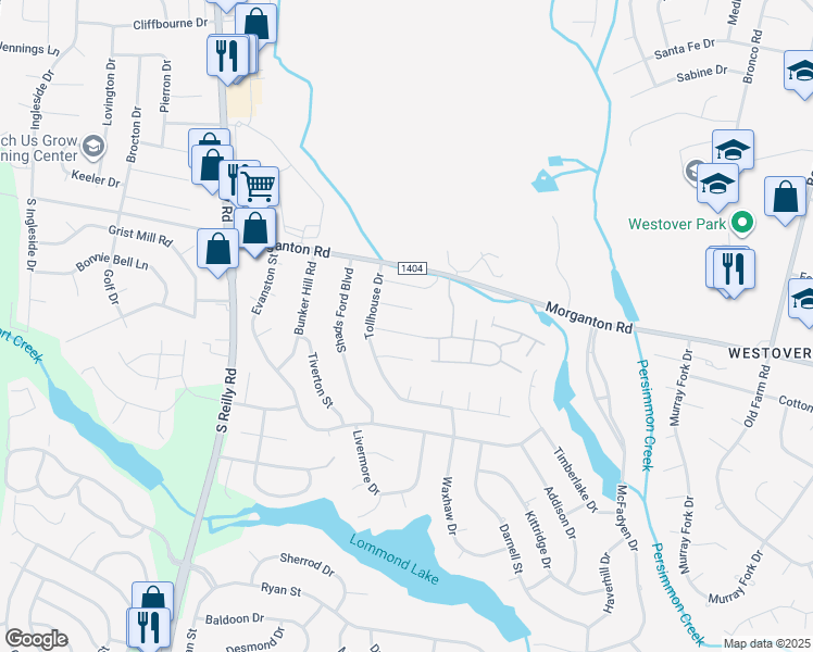 map of restaurants, bars, coffee shops, grocery stores, and more near 6322 Bent Tree Drive in Fayetteville