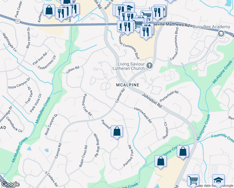 map of restaurants, bars, coffee shops, grocery stores, and more near 11175 Harrowfield Road in Charlotte