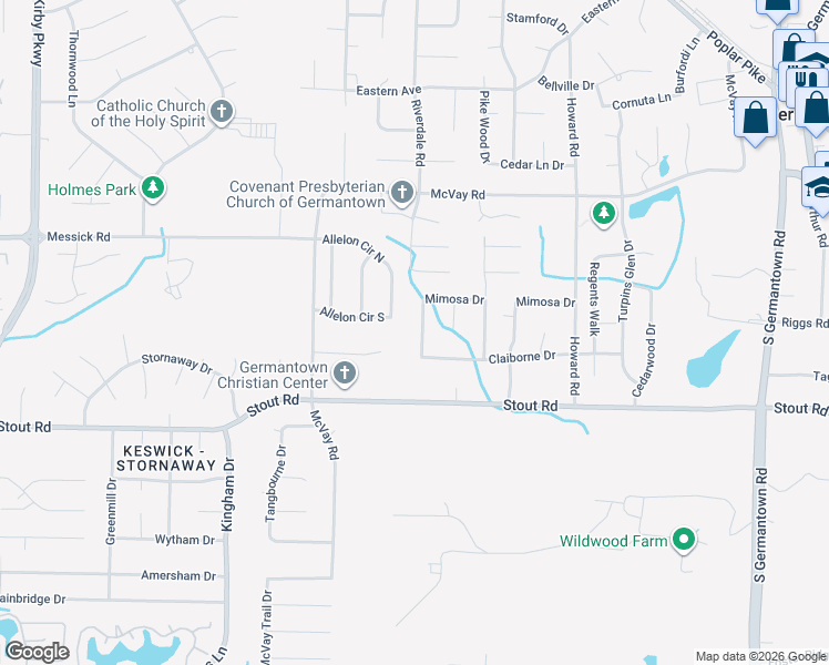 map of restaurants, bars, coffee shops, grocery stores, and more near 2531 Mimosa Tree Drive in Germantown