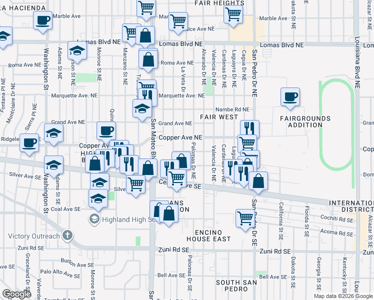 map of restaurants, bars, coffee shops, grocery stores, and more near 300 La Veta Drive Northeast in Albuquerque