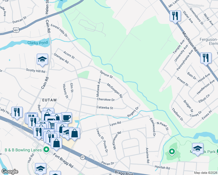 map of restaurants, bars, coffee shops, grocery stores, and more near 1824 McGougan Road in Fayetteville