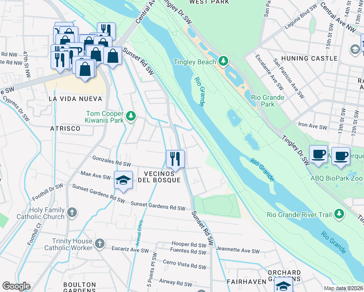 map of restaurants, bars, coffee shops, grocery stores, and more near 312 Manuel Sanchez Place Southwest in Albuquerque