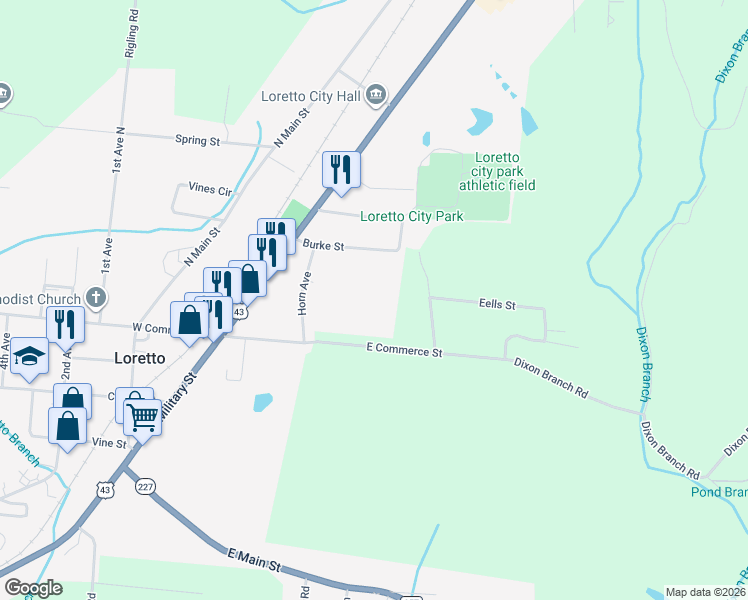 map of restaurants, bars, coffee shops, grocery stores, and more near in Loretto