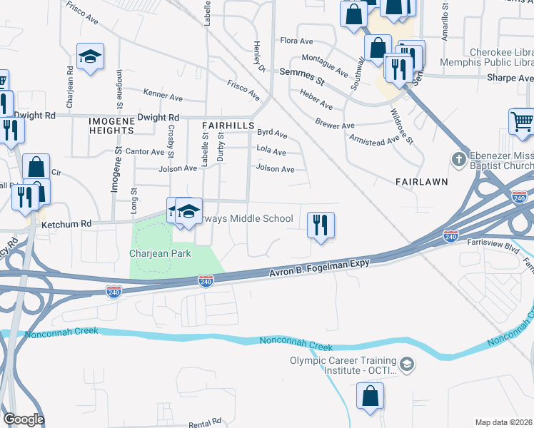 map of restaurants, bars, coffee shops, grocery stores, and more near 2740 Ketchum Road in Memphis